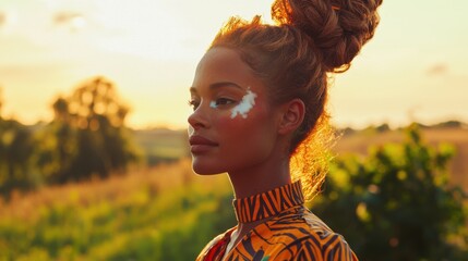 Model with vitiligo posing in nature during sunset photography outdoor environment artistic expression