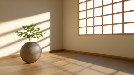 Obraz premium A serene interior scene featuring a single plant in a round pot, illuminated by sunlight streaming through a window with grid patterns.