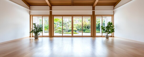 Fototapeta premium A serene, minimalist room with large windows overlooking a garden, featuring wooden beams and potted plants, creating a peaceful indoor-outdoor connection.