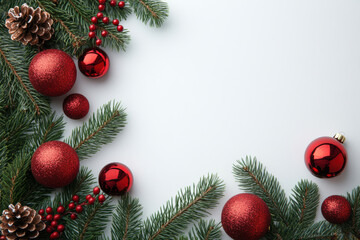 Flat lay with pine tree branches and Christmas balls on white background. Composition with Christmas decoration and copy space. Merry Christmas and Happy New Year concept. Generated AI