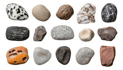 Collection of 15 assorted smooth stones or pebbles with various textures