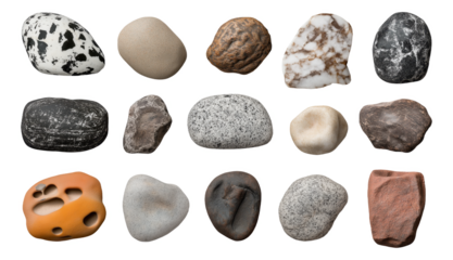 Collection of 15 assorted smooth stones or pebbles with various textures