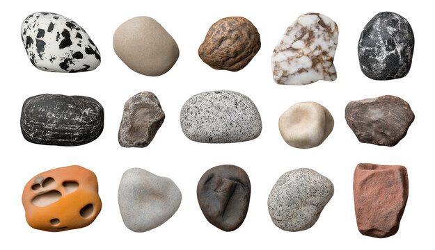 Collection of 15 assorted smooth stones or pebbles with various textures