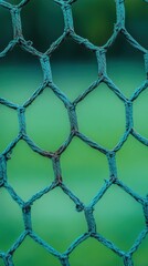 Fototapeta premium Teal Netting Abstract Texture: A Close-Up View of a Hexagonal Mesh.