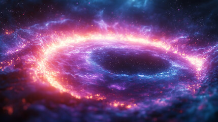 Fototapeta premium Glowing energy rings pulsate in a surreal dark void, radiating neon hues and creating a mesmerizing display of cosmic power and ethereal lighting. 