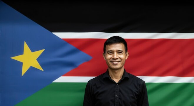 Portrait of smiling man with south sudan flag background for diversity and cultural representation