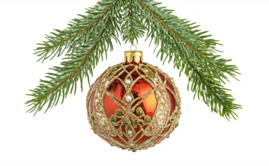 a beautifully decorated christmas bauble hanging on a fir branch over transparent background
