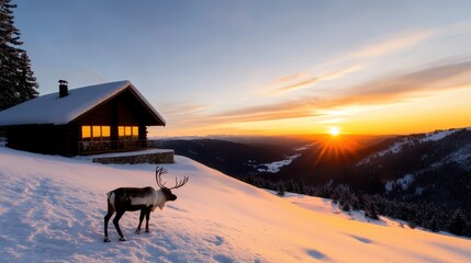 A cozy cabin overlooks a snow-covered slope at sunrise, with a solitary reindeer in the foreground, capturing the serene harmony of nature in wintertime.