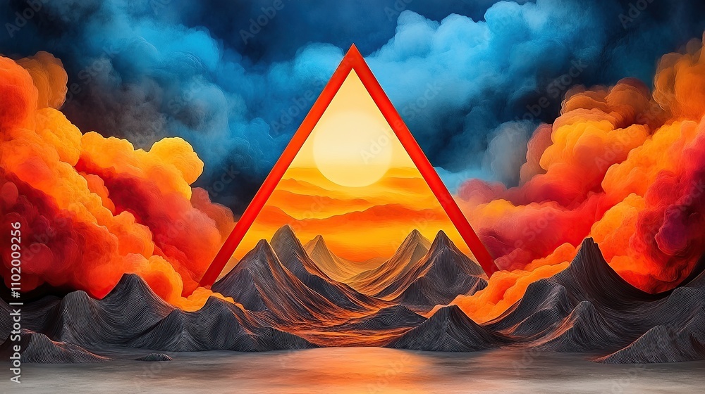 Poster a vibrant landscape featuring mountains and clouds within a triangular frame.
