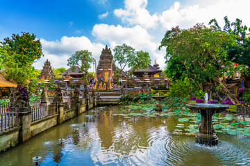 Lotus pond and Pura Saraswati temple in Ubud, Bali, Indonesia.