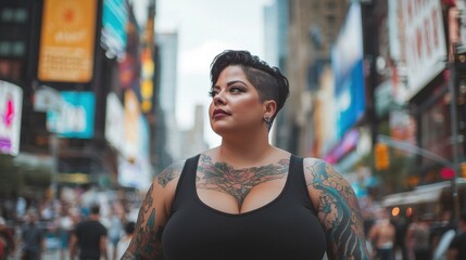 Empowering street portrait of a plus-size woman with tattoos times square urban photography vibrant city confident stance