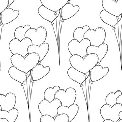 Seamless pattern with bunch of heart shaped balloons. Vector outline background. Clipart for valentine's day, birthday, wedding, mother's day, anniversary or holiday parties