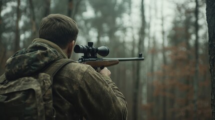 Fototapeta premium Hunter aiming a rifle in a misty forest setting.