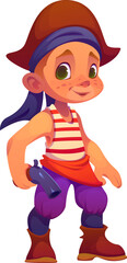 Cartoon funny kid boy pirate corsair character with pistol. Vector playful young child dressed as a sea captain, complete with cocked hat and colorful party costume, cheerfully holding toy gun
