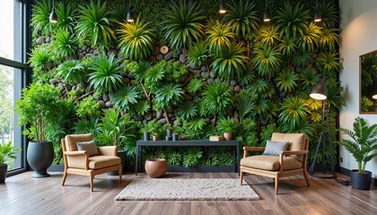 Fototapeta premium Modern living room with vertical garden and cozy seating