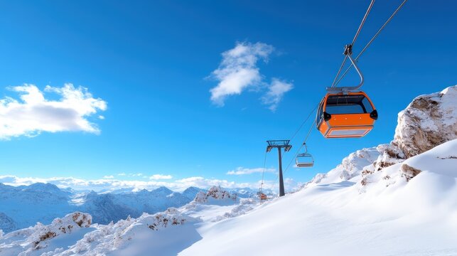 An orange ski lift cabin gracefully glides above the snowy mountain terrain, symbolizing adventure and the allure of wintertime escapades in a serene landscape.