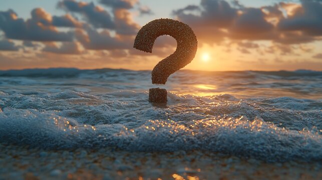 Lone Question Mark on Serene Beach at Sunrise Representing Calm Before Next Adventure
