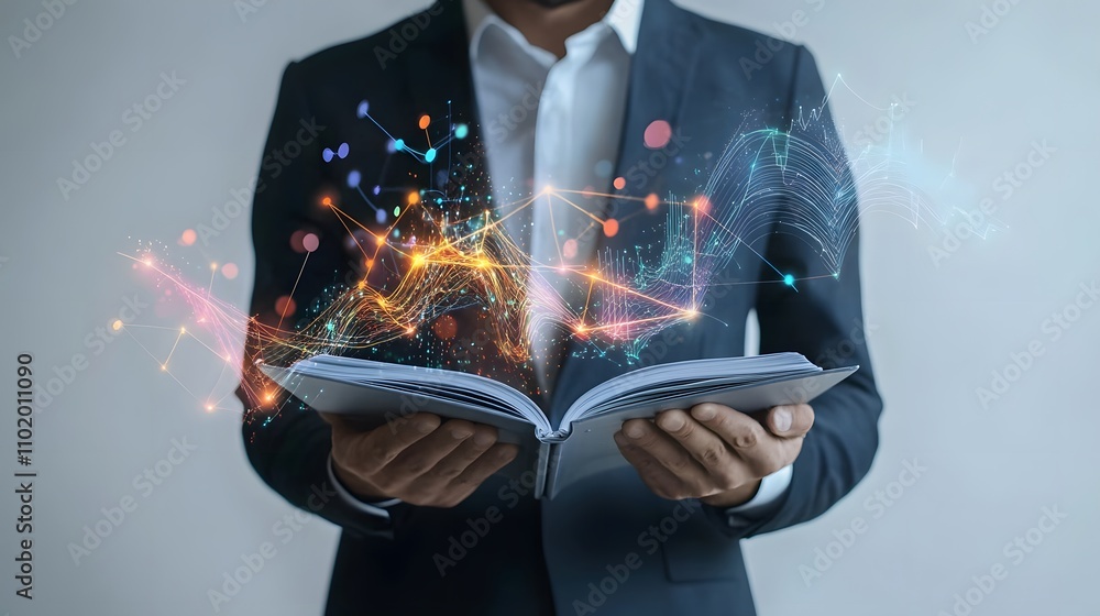 Poster A man in a sharp navy suit examines an open booklet in his hands. Emerging from the booklet are vibrant 3D charts and trend lines. The background is a plain, solid white studio backdrop