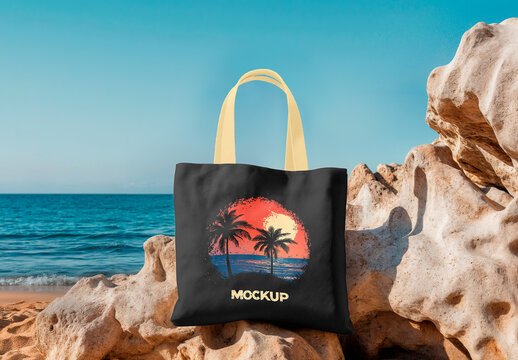 Tote Bag Mockup on Beach Rocks