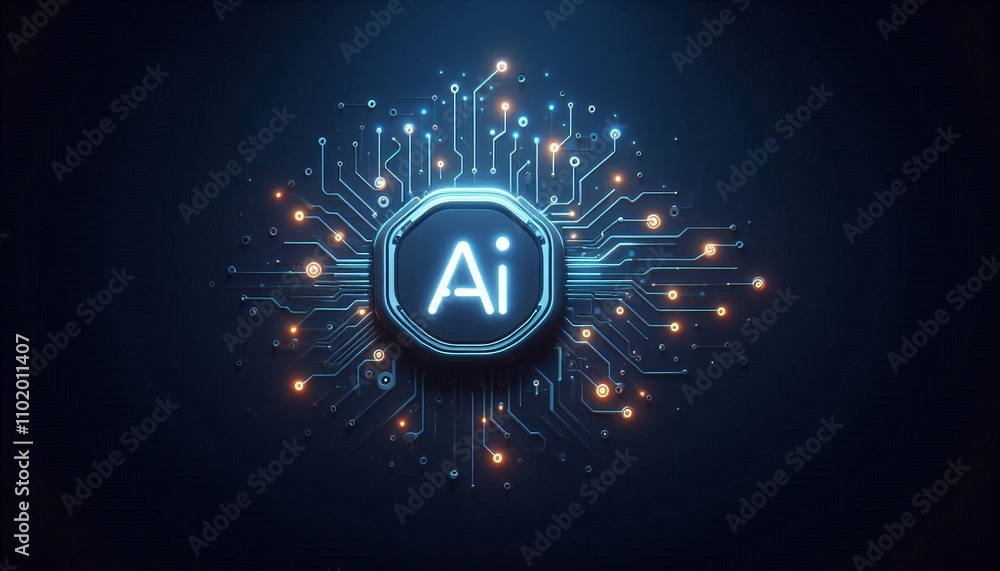 Poster futuristic circuit board with glowing ai symbol