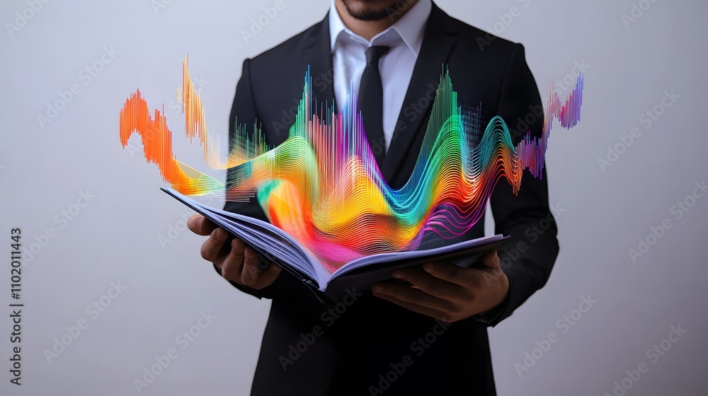 Aufkleber A man in a sleek black suit holds an open booklet with colorful 3D financial graphs emerging dynamically. The background is a plain, solid white studio backdrop