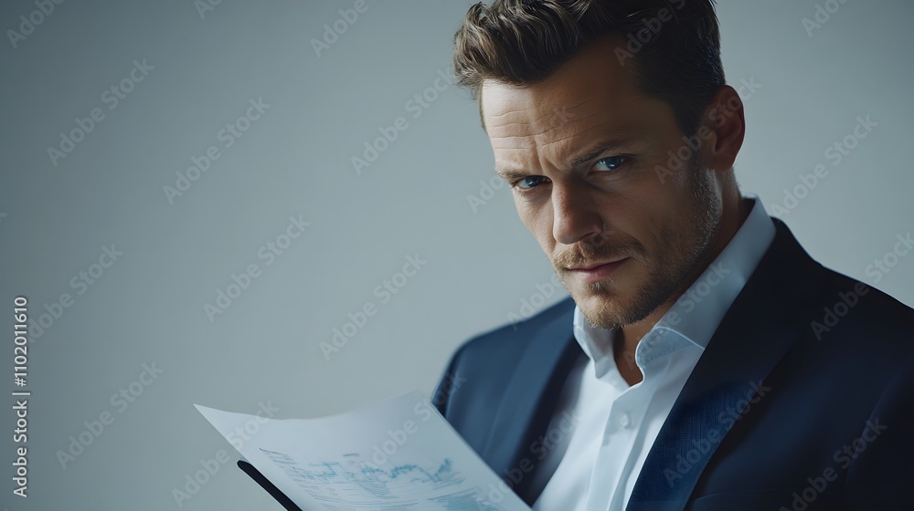 Aufkleber A man in a fitted navy suit leans slightly forward, focusing on a booklet with dynamic 3D data projections. The background is a plain, solid white studio backdrop