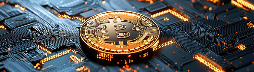 Bitcoin Data Flow Concept. A close-up of a Bitcoin placed on a circuit board, symbolizing the intersection of cryptocurrency and technology.