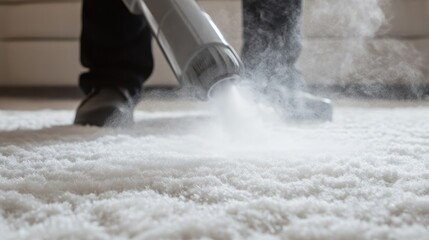 Obraz premium Person vacuuming a carpet with steam for deep cleaning.