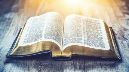 Obraz premium Close-up of open Bible on wooden table, sunlight illuminating sacred text, serene contemplative scene with ample copy space for text or design.