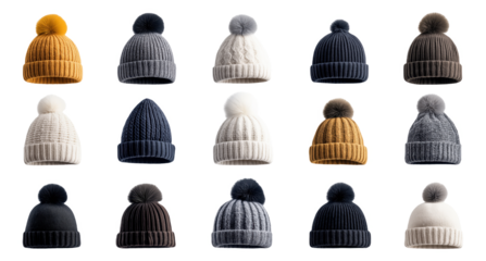 PNG Various knitted winter hats with pom-poms