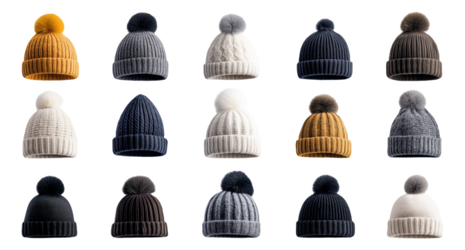 PNG Various knitted winter hats with pom-poms