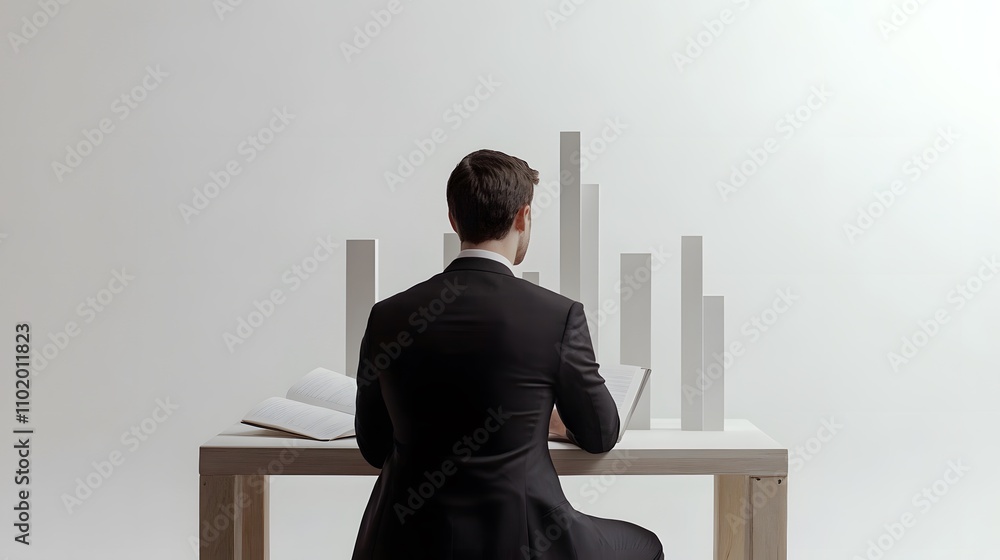 Aufkleber A man in a dark charcoal suit sits at a minimalist desk with an open booklet as 3D bar graphs emerge dynamically. The background is a plain, solid white studio backdrop