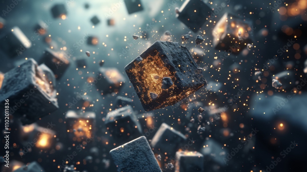 Poster a surreal scene featuring stone cubes with glowing cores floating in mid-air. the image captures a d