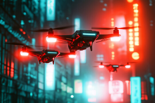 Futuristic police drones flying over a dystopian city, scanning the streets for criminals in a neon-lit cyberpunk world.