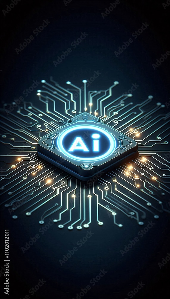 Poster futuristic circuit board with glowing ai symbol