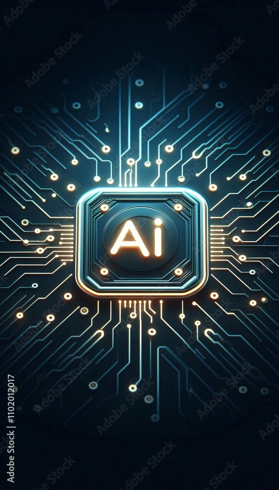 Poster futuristic circuit board with glowing ai symbol