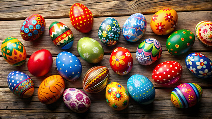 Vibrant Hand-Painted Easter Eggs on Rustic Wooden Surface and Ample Copy Space. Easter, Rustic celebrations, Family gatherings