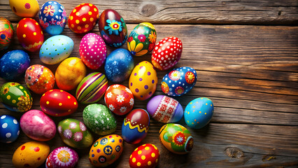 Vibrant Hand-Painted Easter Eggs on Rustic Wooden Surface and Ample Copy Space. Easter, Rustic celebrations, Family gatherings