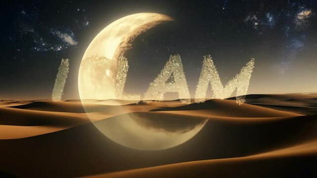 A gold and silver image of a moon with the word Islam written in gold letters. The image has a mystical and spiritual feel to it