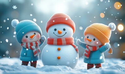 Kids building a snowman while snowflakes fall, winter holiday fun, 3D illustration