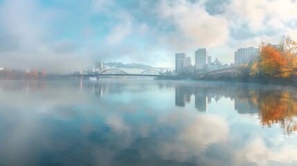 Naklejka premium Foggy Autumn Morning Cityscape Bridge Reflection