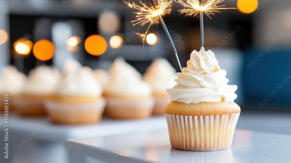 Poster this image features a vanilla cupcake topped with creamy frosting and a lit sparkler, creating a fes