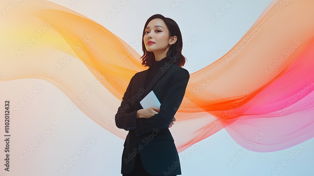 Poster A woman in a sleek black suit stands poised with a booklet, vibrant 3D projections rising dynamically above it. The background is a plain, solid white studio backdrop