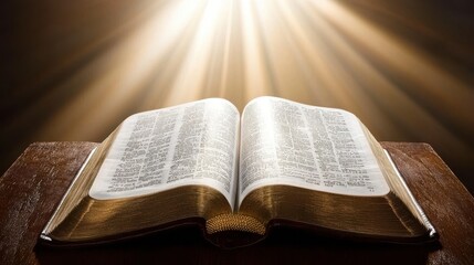 Fototapeta premium Close-up of open Bible on wooden table, sunlight illuminating sacred text, serene contemplative scene with ample copy space for text or design.