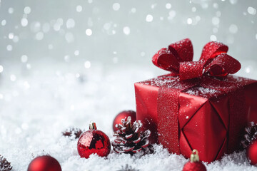 Red Christmas gift on snow background. Merry Christmas and Happy New Year greeting card. Christmas eve and holidays concept. Generated AI