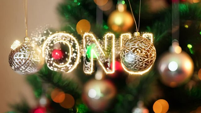 A Christmas tree with a sign that says "bonus" hanging from it. The sign is lit up and surrounded by glitter, giving it a festive and celebratory feel