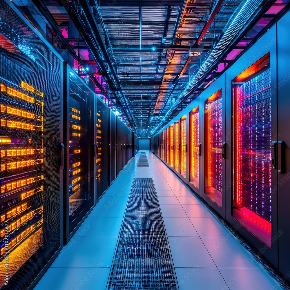 Poster vibrant data center showcasing advanced technology and colorful server lights in a modern digital en