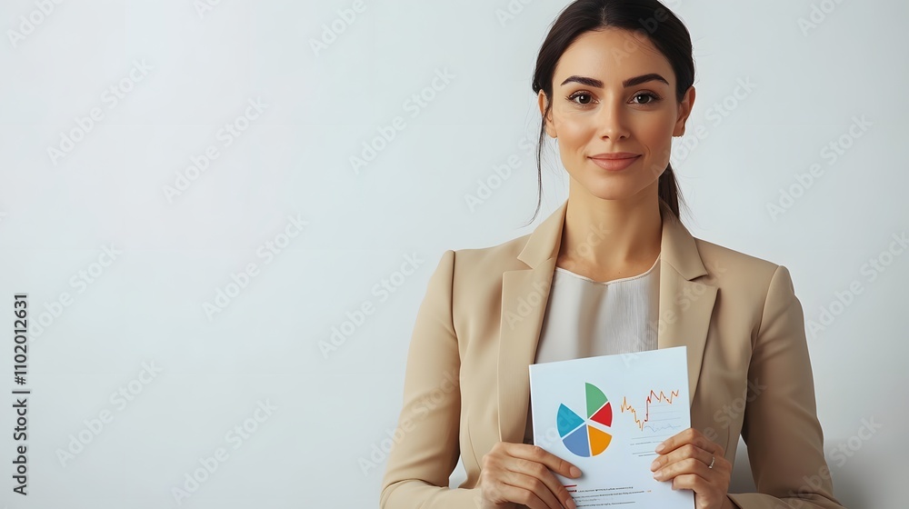 Poster a woman in a sharp beige suit sits confidently, holding a booklet with vibrant 3d analytics graphs. 