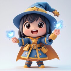 Smiling Little Witch: Adorable 3D illustration of a cheerful young witch casting magic spells with glowing blue hearts, perfect for children's books, fantasy illustrations, and magical themes. 