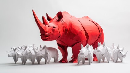 Obraz premium Striking red rhino sculpture positioned above a group of white paper rhinos, capturing boldness and creative symbolism.